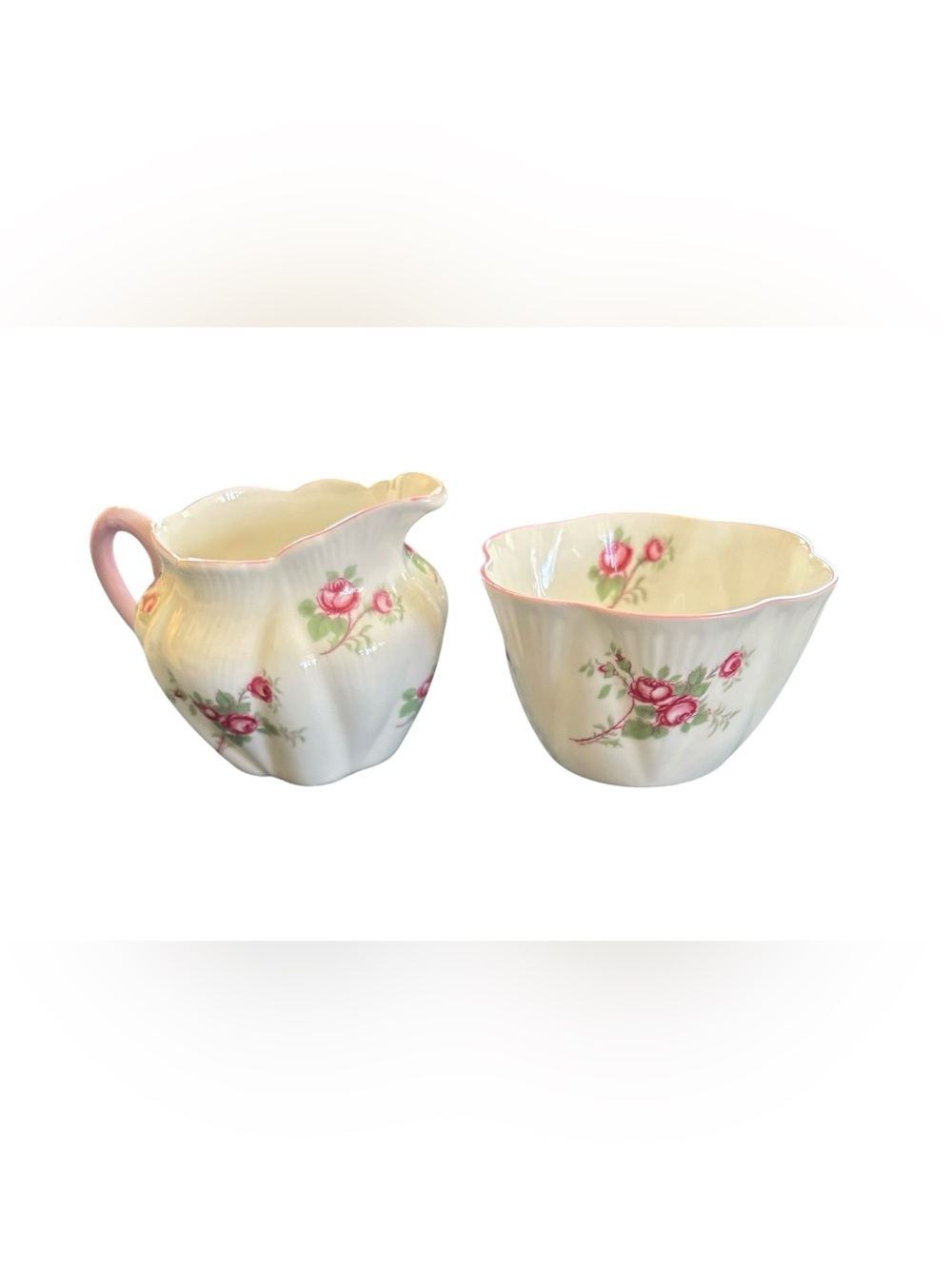 VTG Shelley Dainty Bridal Rose Sugar Creamer Set White Pink England Cottagecore